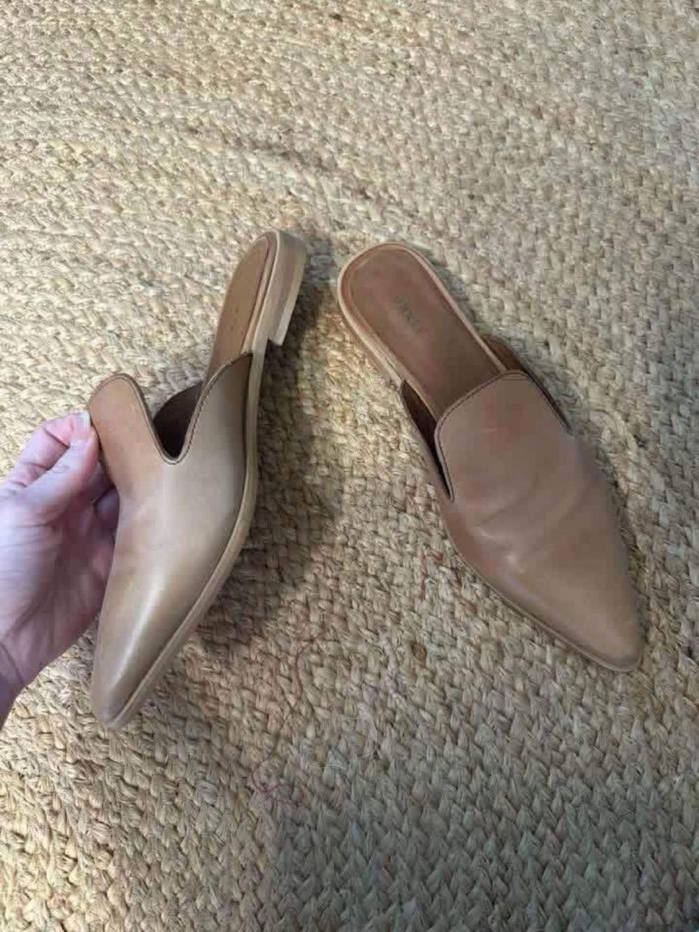 Roolee Pointed Toe Slip-On Mules in Tan